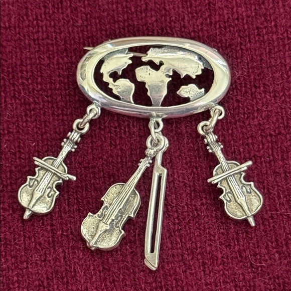 Unique Sterling Silver Brooch Musical Violin Charms
